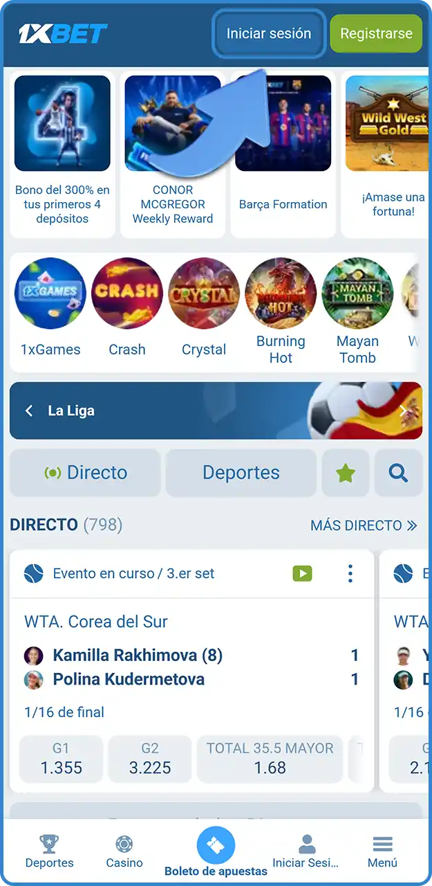 Accede a tu cuenta iniciando sesión en 1xBet en iOS.