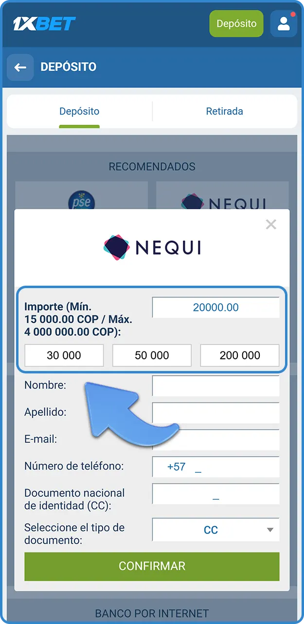 Introduce la cantidad que deseas ingresar en 1xBet.