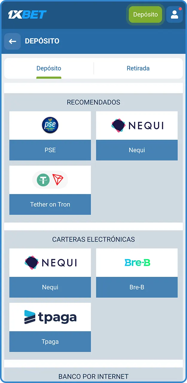 Escoja su opción financiera preferida al seleccionar depósito en 1xBet.