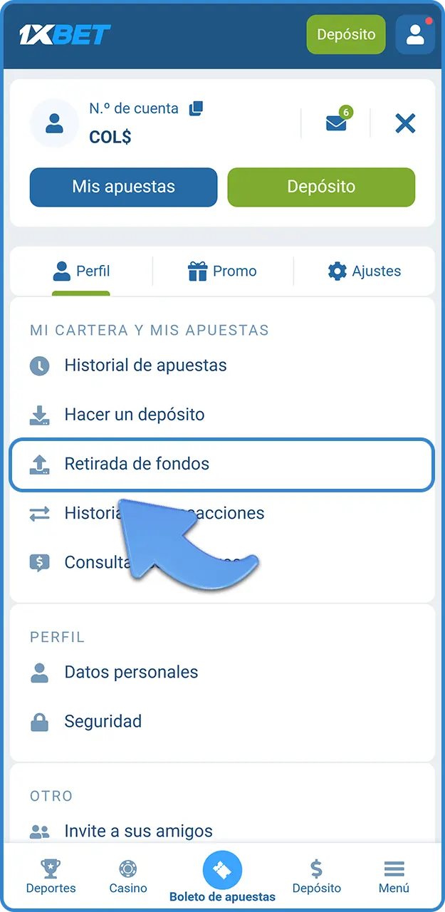 Accede a la sección de retiradas de fondos en 1xBet.