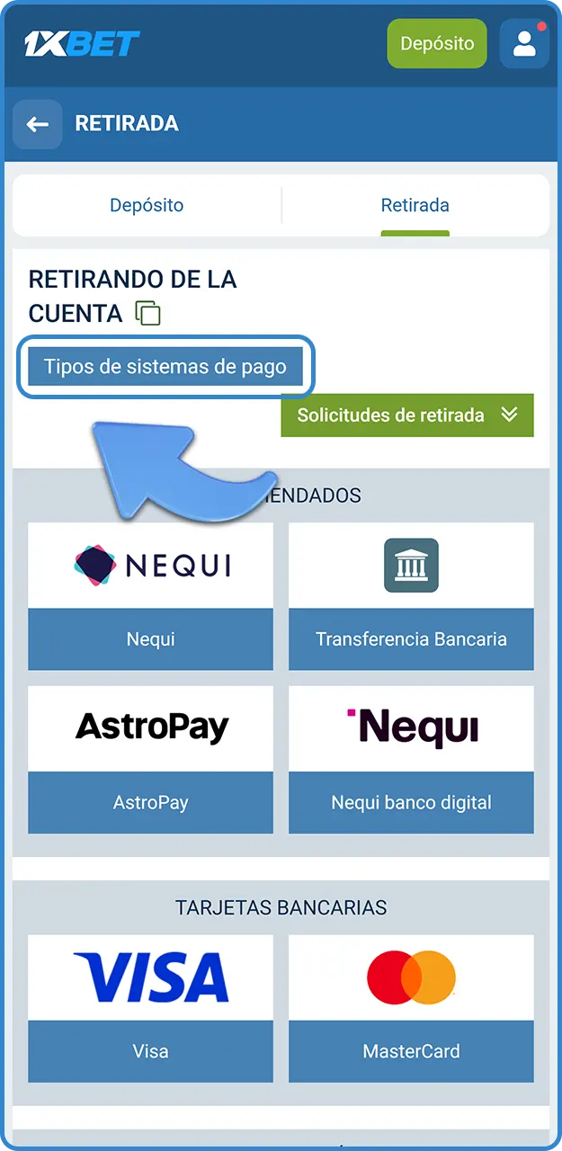 Seleccione su canal bancario preferido al elegir método para retirar en 1xBet.