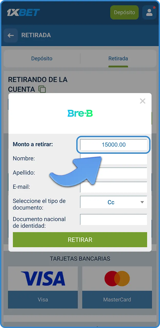 Escriba la suma de dinero deseada al ingresar monto para retirar en 1xBet.