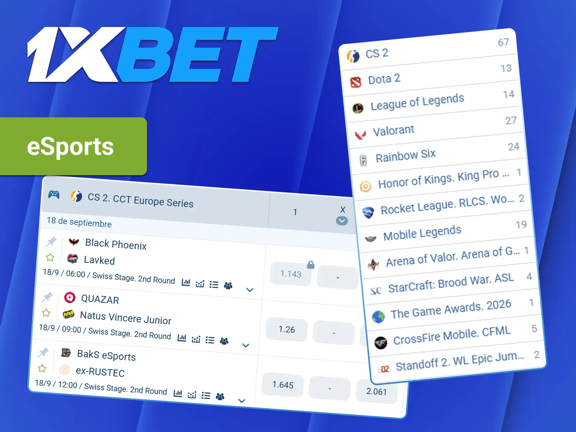 Apueste en los mejores torneos de videojuegos en la sección de esports en 1xBet.