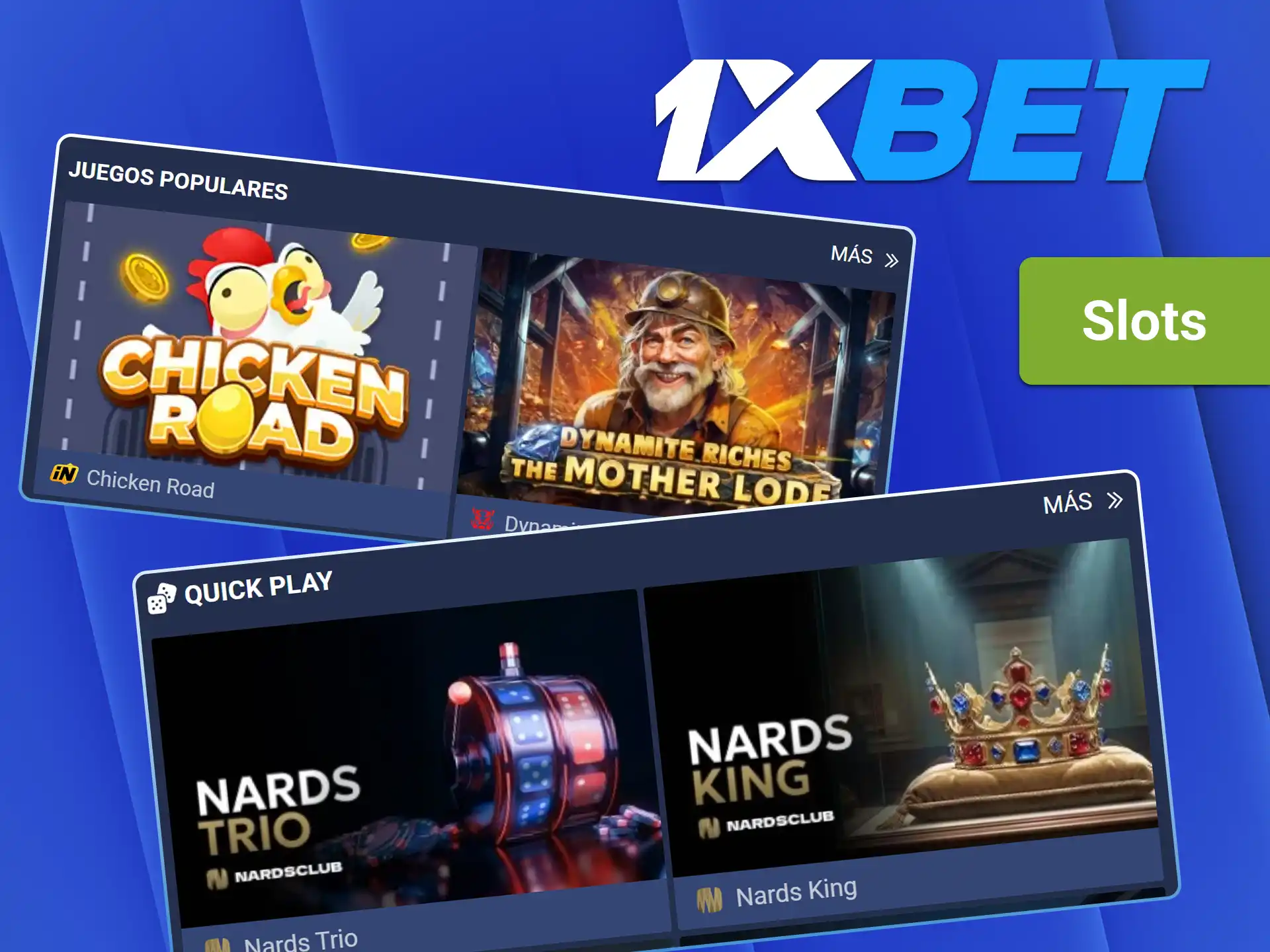 Gire los rodillos en cientos de tragamonedas con la sección de slots en 1xBet.
