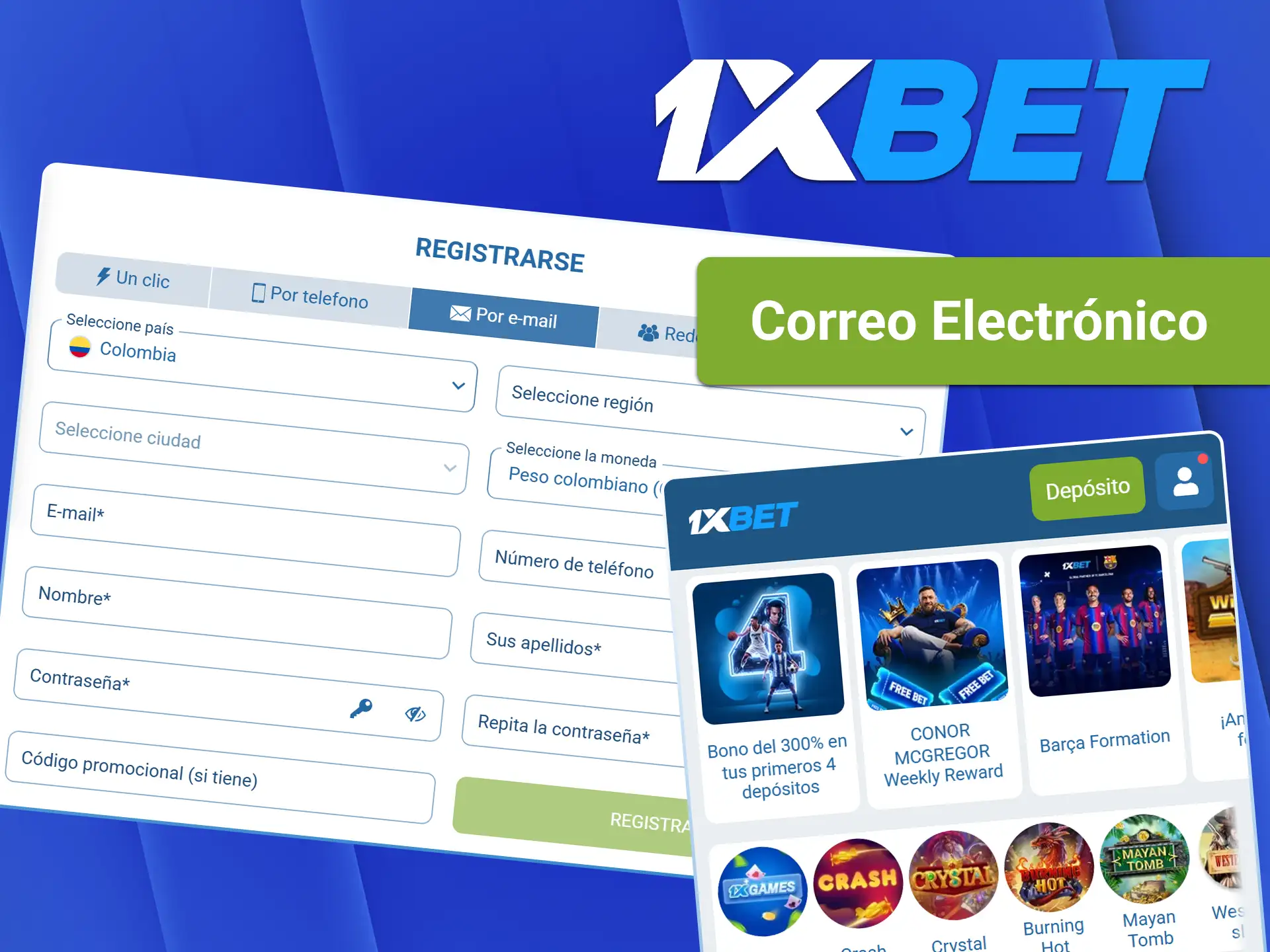 Finaliza la creación de tu cuenta utilizando tu dirección de correo electrónico en 1xBet.
