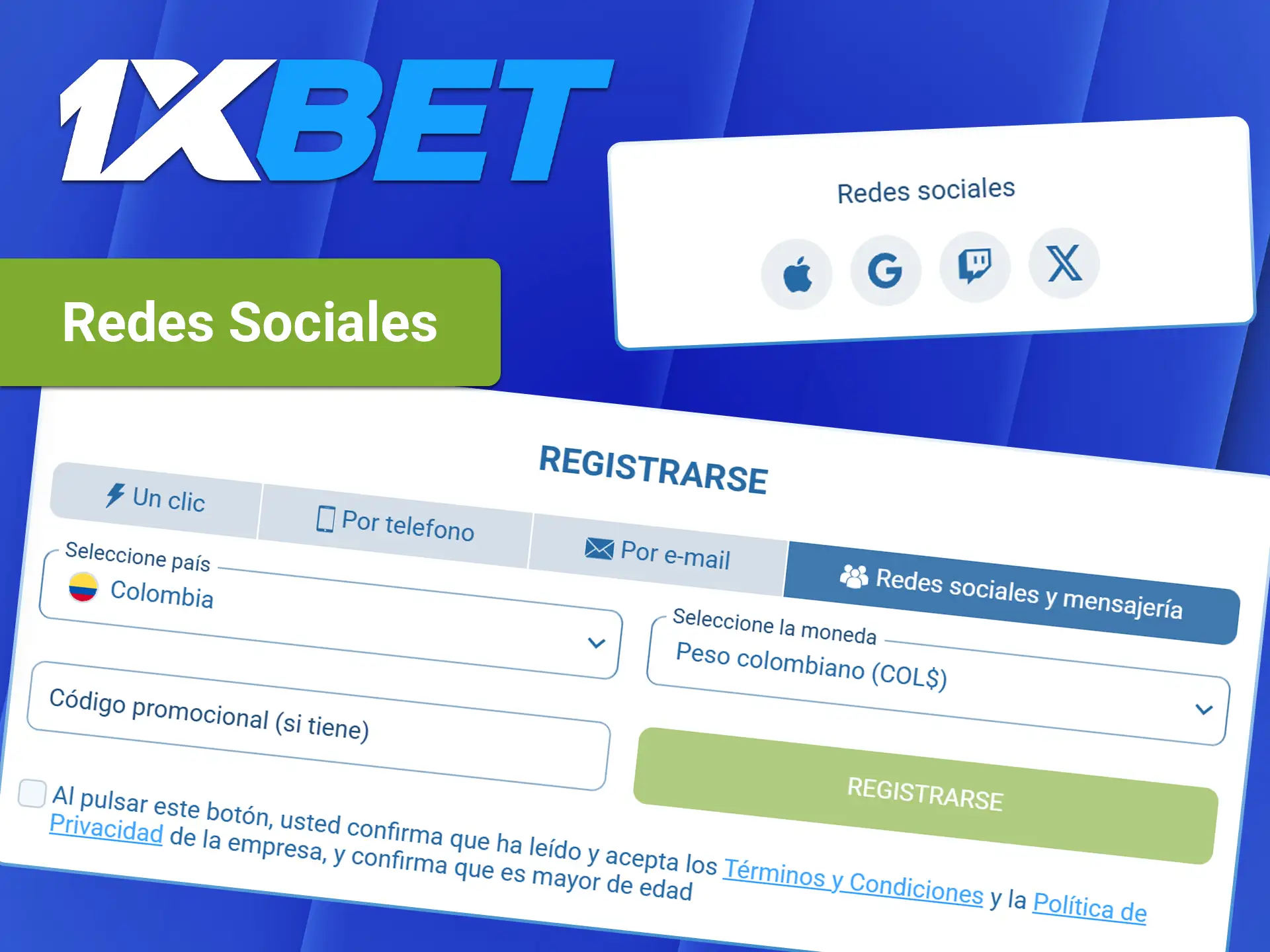 Inicie sesión rápidamente vinculando sus redes sociales al registrarse en 1xBet.